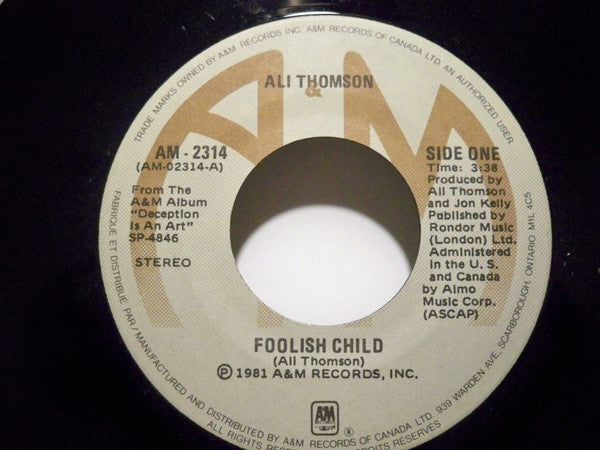 Ali Thomson : Foolish Child (7", Single)