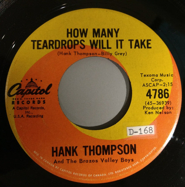 Hank Thompson And His Brazos Valley Boys : I Cast A Lonesome Shadow / How Many Teardrops Will It Take (7", Single)