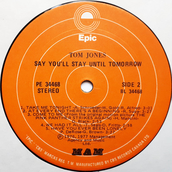 Tom Jones : Say You'll Stay Until Tomorrow (LP, Album)