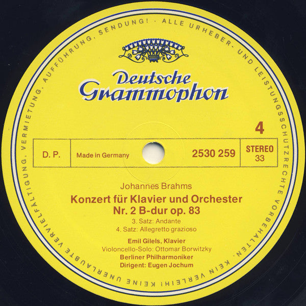 Johannes Brahms - Emil Gilels · Berliner Philharmoniker · Eugen Jochum : Klavierkonzert Nr. 2 B-dur Op. 83 (LP)