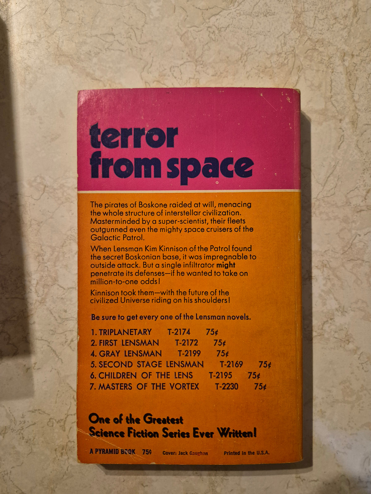 Back cover of Galactic Patrol by E.E. Doc Smith showing synopsis and Lensman titles