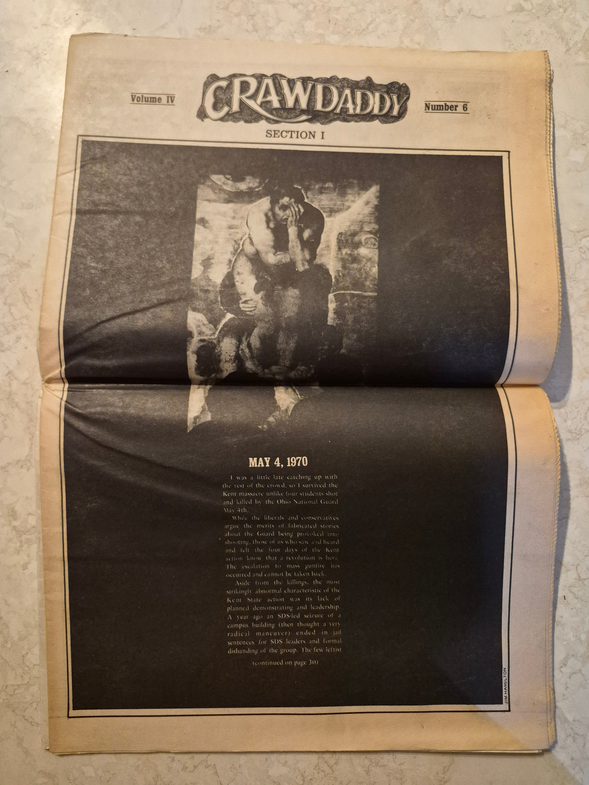 Crawdaddy Volume IV Number 6 interior spread with May 4, 1970 heading and visible folds