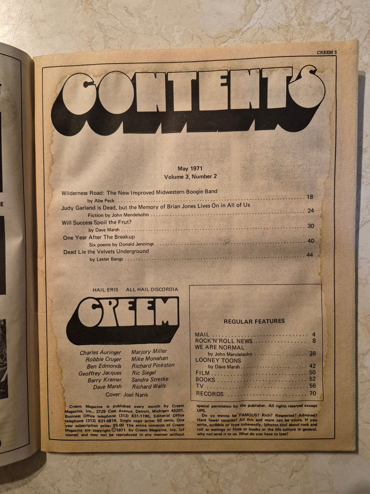 CREEM May 1971 contents page showing staining along the margins