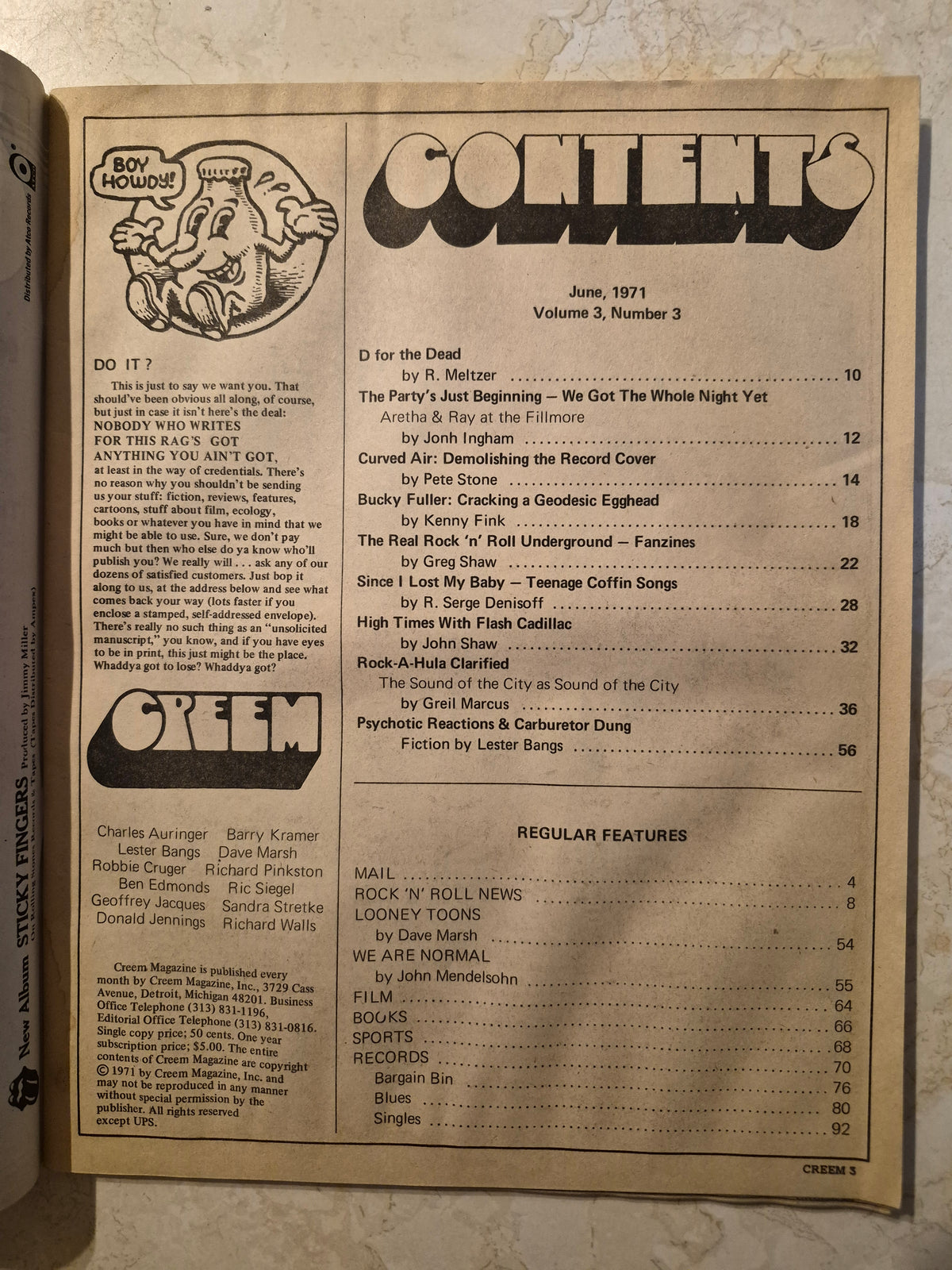CREEM June 1971 contents page showing page toning and staining
