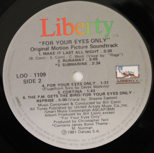 Bill Conti : For Your Eyes Only (Original Motion Picture Soundtrack) (LP, Album)