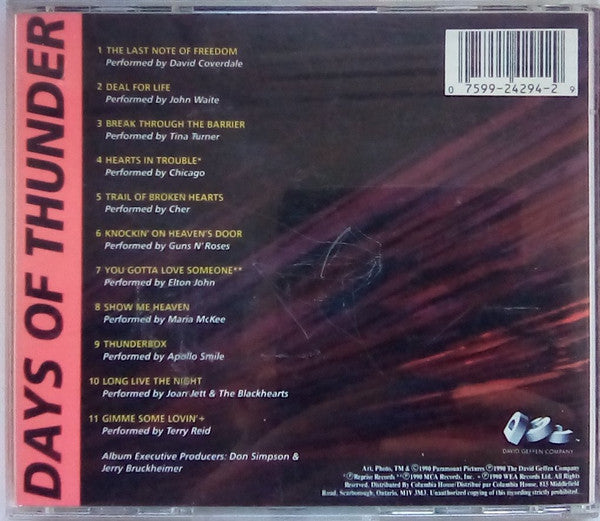 Various : Days Of Thunder (Music From The Motion Picture Soundtrack) (CD, Album, Comp, Club)