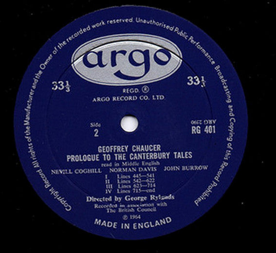 Geoffrey Chaucer, Nevill Coghill, Norman Davis (3), John Burrow : Prologue To The Canterbury Tales Read In Middle English (LP, Mono)