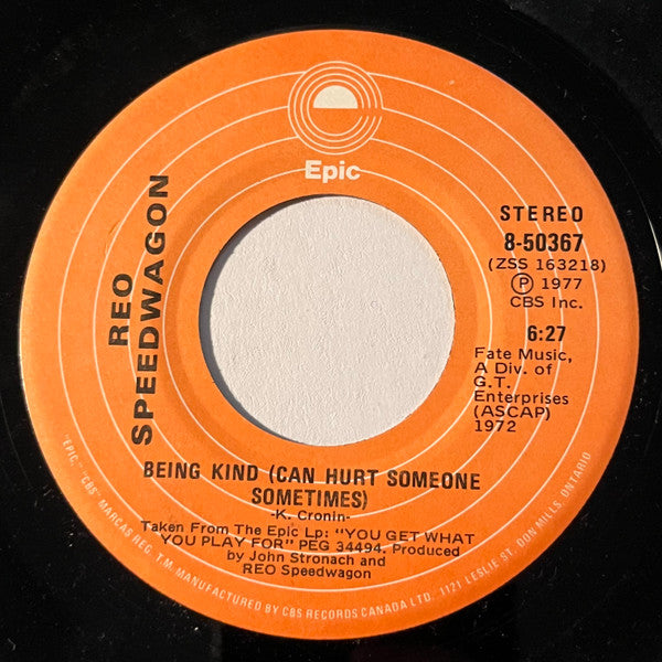 REO Speedwagon : Ridin' The Storm Out / Being Kind (Can Hurt Someone Sometimes) (7", Single)
