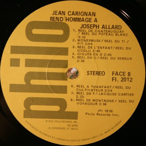 Jean Carignan : Jean Carignan Rend Hommage À Joseph Allard (LP, Album)
