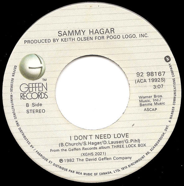 Sammy Hagar : Your Love Is Driving Me Crazy (7", Single)