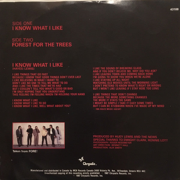 Huey Lewis & The News : I Know What I Like / Forest For The Trees (7", Single)