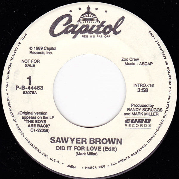 Sawyer Brown : Did It For Love (7", Promo)