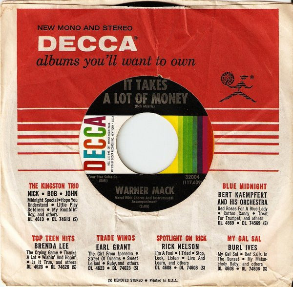 Warner Mack : It Takes A Lot Of Money / A Million Thoughts From My Mind (7", Single, Pin)