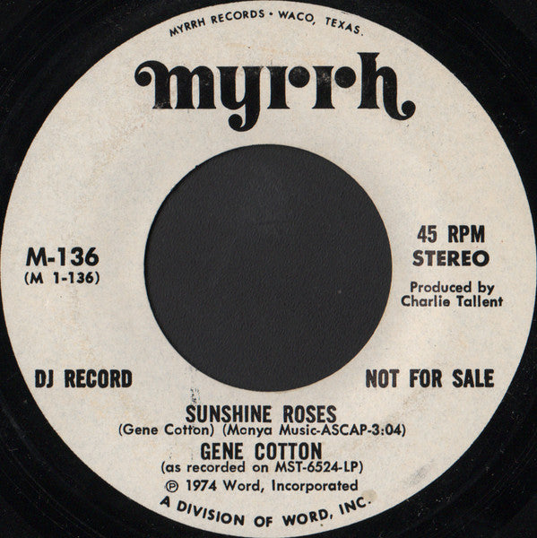 Gene Cotton : Sunshine Roses (7", Mono, Promo)