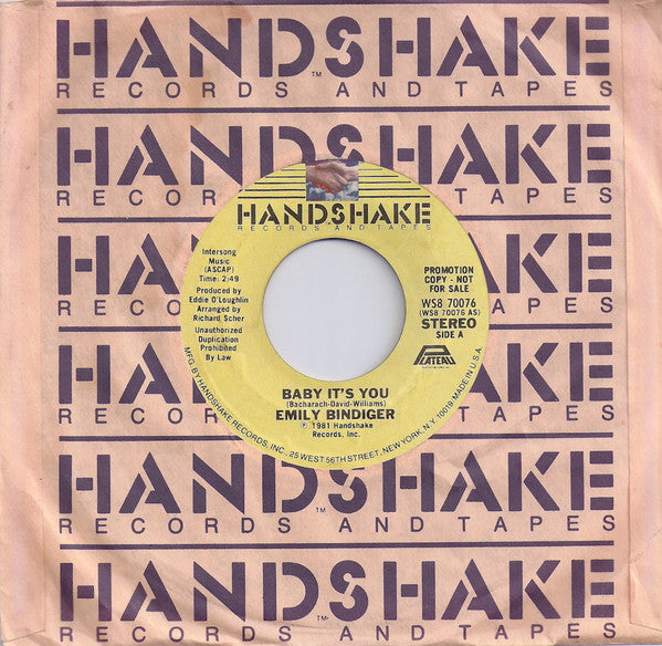 Emily Bindiger : Baby It's You (7", Promo)