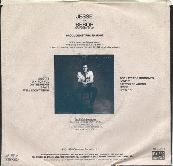 Julian Lennon : Jesse / Bebop (7", Single)