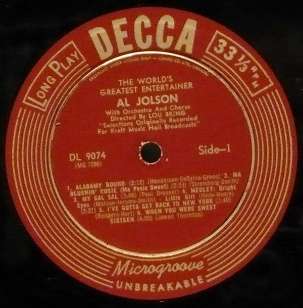 Al Jolson : The World's Greatest Entertainer (LP, Album, Mono)