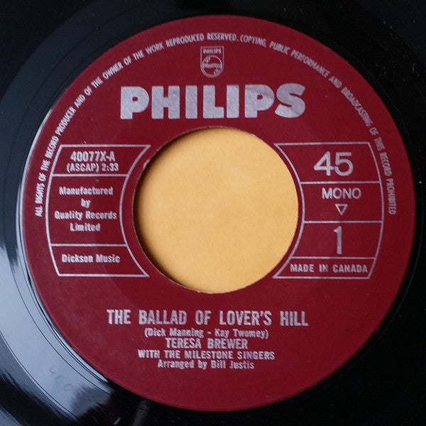 Teresa Brewer With The Milestone Singers : The Ballad Of Lover's Hill (7", Single, Mono)