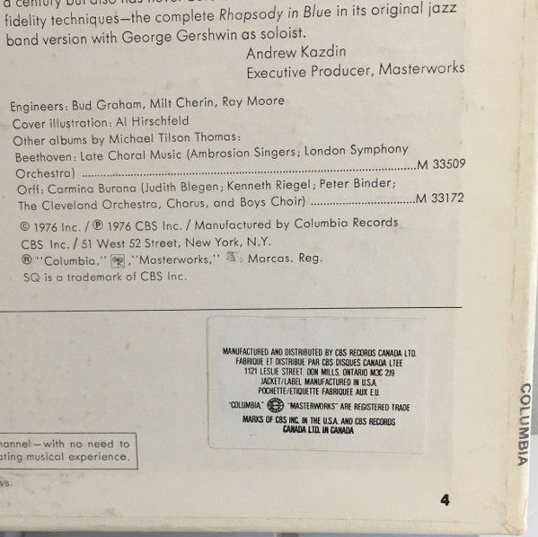 George Gershwin Accompanied By Michael Tilson Thomas Conducting The Columbia Jazz Band : Rhapsody In Blue (The 1925 Piano Roll) (LP, Album, Quad)