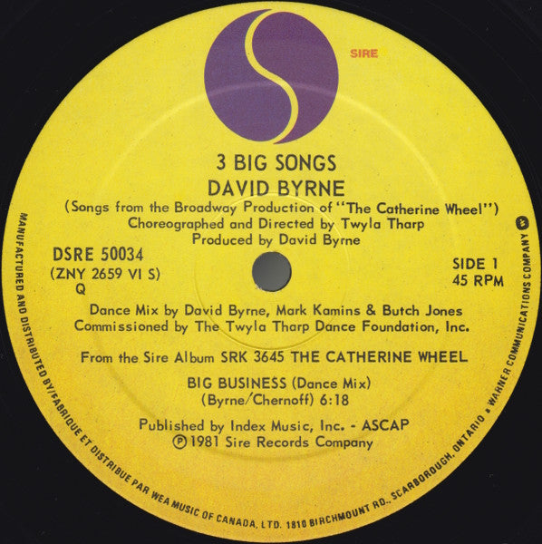 David Byrne : 3 Big Songs (12", EP)
