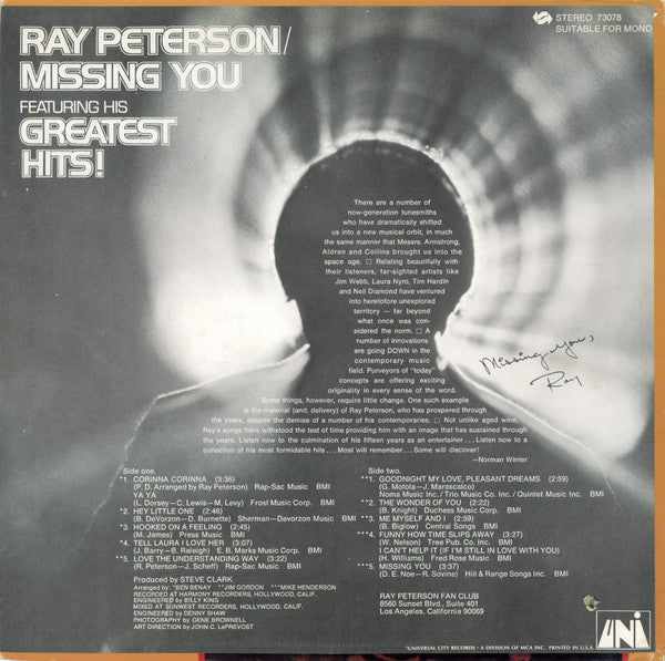 Ray Peterson : Missing You (Featuring His Greatest Hits!) (LP)