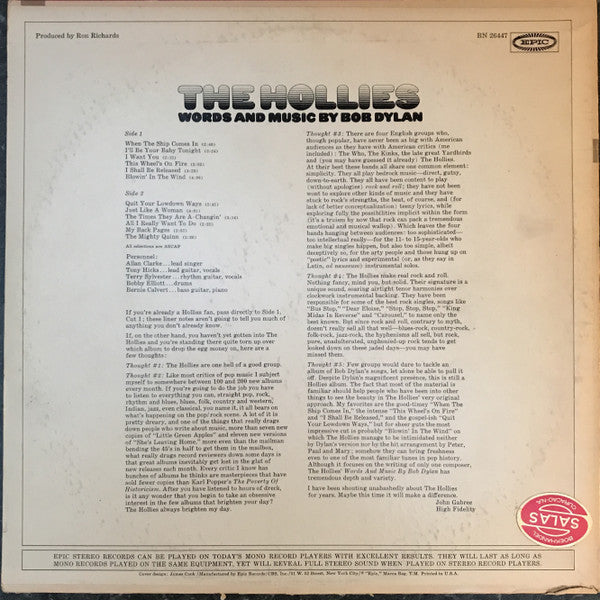The Hollies : Words And Music By Bob Dylan (LP, Album, RE)