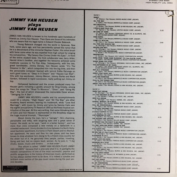 Jimmy Van Heusen : Jimmy Van Heusen Plays Jimmy Van Heusen (LP, Album)