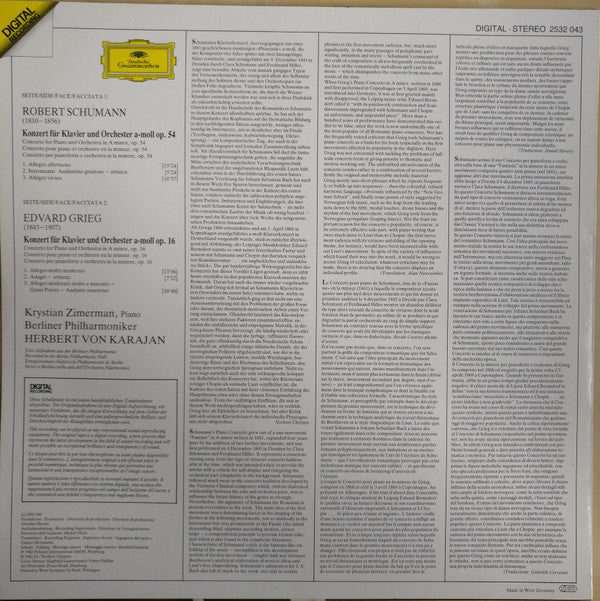Robert Schumann / Edvard Grieg – Berliner Philharmoniker, Krystian Zimerman · Herbert Von Karajan : Klavierkonzerte  ·  Piano Concertos (LP, RP)