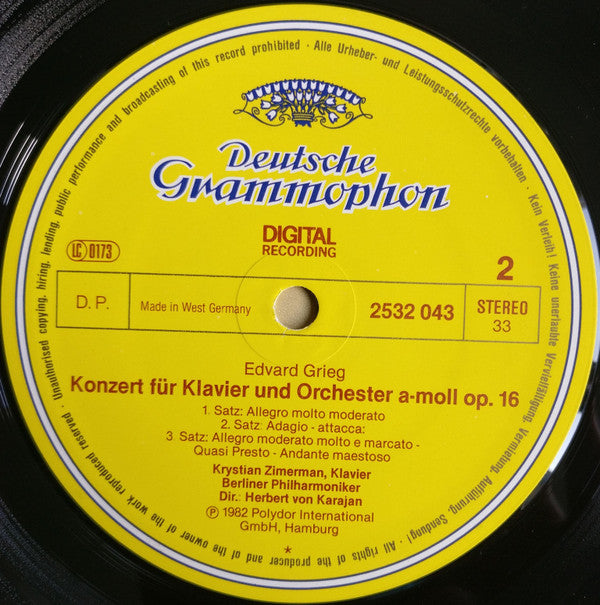 Robert Schumann / Edvard Grieg – Berliner Philharmoniker, Krystian Zimerman · Herbert Von Karajan : Klavierkonzerte  ·  Piano Concertos (LP, RP)