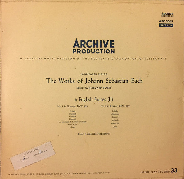 Johann Sebastian Bach / Ralph Kirkpatrick : 6 English Suites (II): No. 3 In G Minor, BWV 808 / No. 4 In F Major, BWV 809 (LP, Mono)