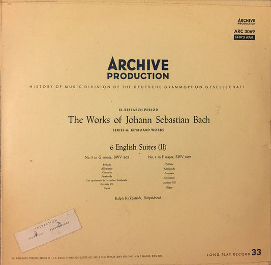 Johann Sebastian Bach / Ralph Kirkpatrick : 6 English Suites (II): No. 3 In G Minor, BWV 808 / No. 4 In F Major, BWV 809 (LP, Mono)