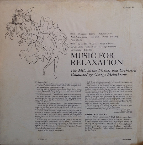 The Melachrino Strings And The Melachrino Orchestra : Moods In Music:  Music For Relaxation (LP, Album, Mono)