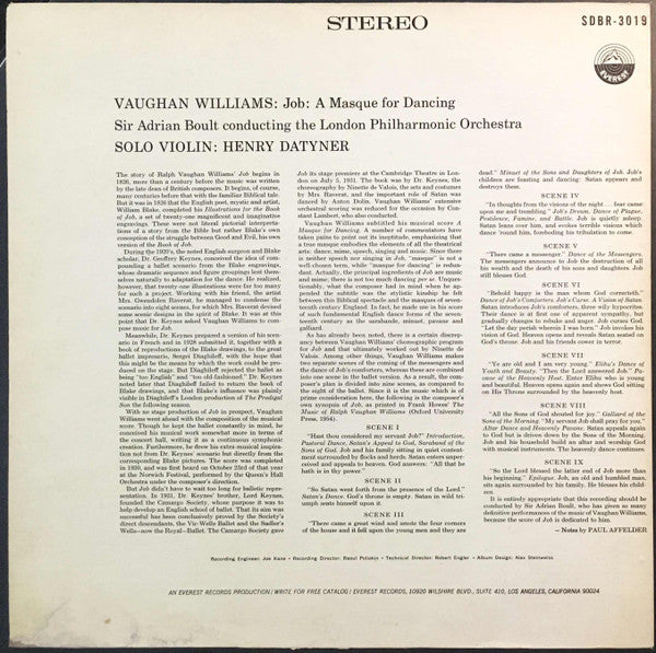 Ralph Vaughan Williams - Sir Adrian Boult, London Philharmonic Orchestra : Job "A Masque For Dancing" (LP, RE)