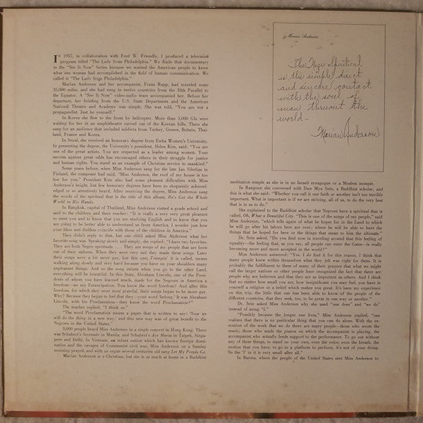 Marian Anderson, Franz Rupp : He's Got The Whole World In His Hands  And  18 Other Spirituals (LP, Gat)
