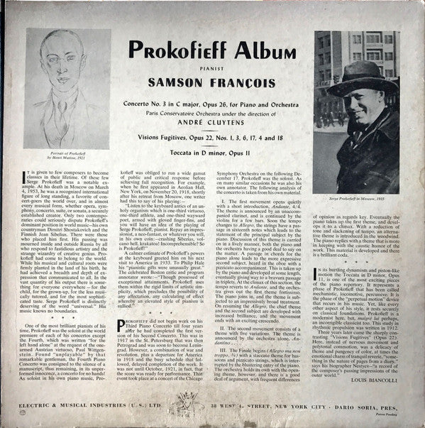 Samson François, Orchestre De La Société Des Concerts Du Conservatoire, André Cluytens - Sergei Prokofiev : Concerto No. 3 In C Major / Visions Fugitives / Toccata In D Minor (LP, Album, Mono)