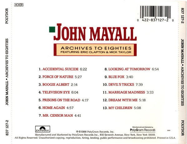 John Mayall : Archives To Eighties Featuring Eric Clapton And Mick Taylor (CD, Album, Comp)