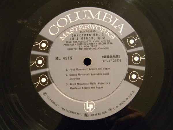 Niccolò Paganini, Camille Saint-Saëns, Zino Francescatti : Concerto No.1 In D Major, Op. 6 + Concerto No. 3 In B Minor, Op. 61 (LP, Mono)