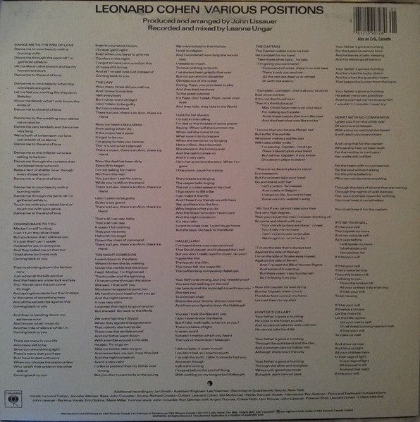 Leonard Cohen : Various Positions (LP, Album)