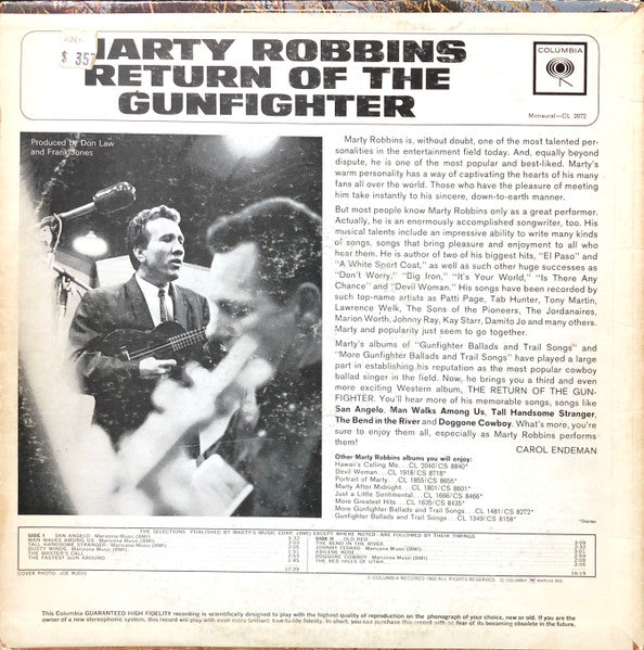 Marty Robbins : The Return Of The Gunfighter (LP, Album, Mono)