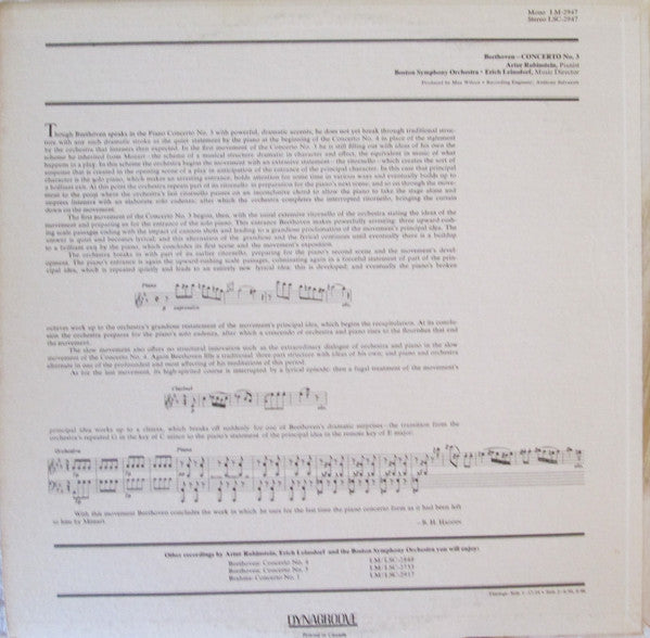 Arthur Rubinstein, Erich Leinsdorf : Beethoven Piano Concerto No. 3  (LP)