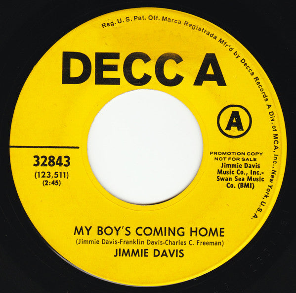 Jimmie Davis : My Boy's Coming Home (7", Promo)