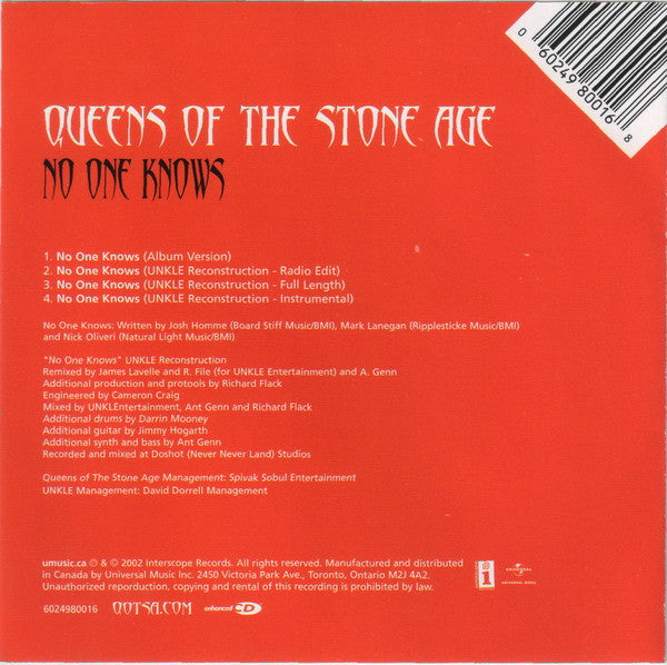 Queens Of The Stone Age : No One Knows (CD, Maxi, Enh)