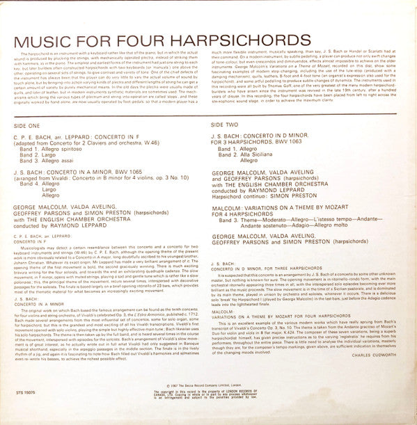 C.P.E. Bach*, J.S. Bach*, English Chamber Orchestra, Leppard* : Music For 4 Harpsichords (LP, Album, RE, RP)
