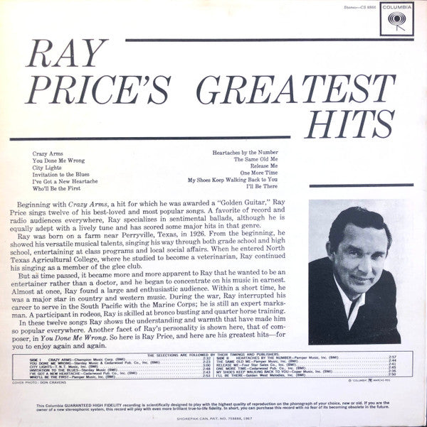 Ray Price : Ray Price's Greatest Hits (LP, Comp, RE)