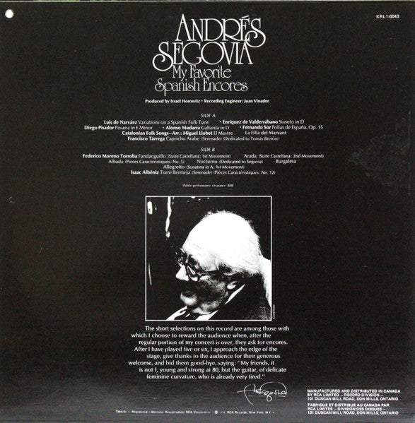 Andres Segovia* : My Favorite Spanish Encores (LP, Album)