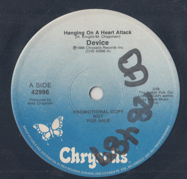 Device (2) : Hanging On A Heart Attack (7", Promo)