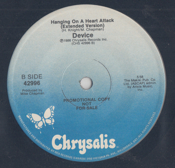 Device (2) : Hanging On A Heart Attack (7", Promo)