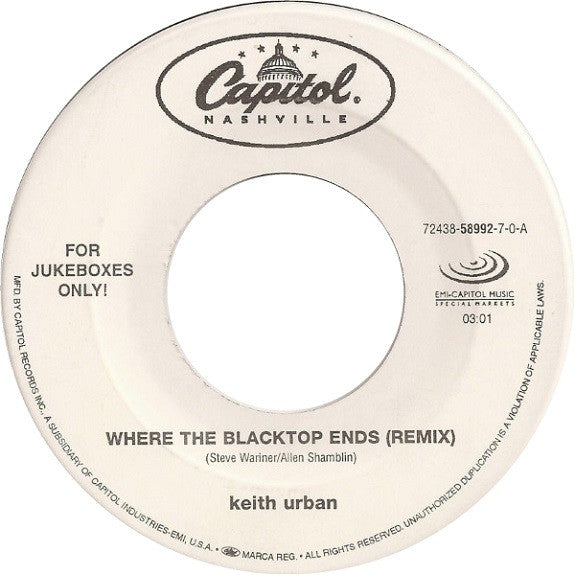 Keith Urban : Where The Blacktop Ends (7", Single, Jukebox)