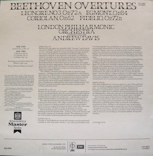 London Philharmonic Orchestra Conducted By Andrew Davis - Ludwig van Beethoven : Overtures - Leonore No. 3 / Egmont / Coriolan / Fidelio (LP)