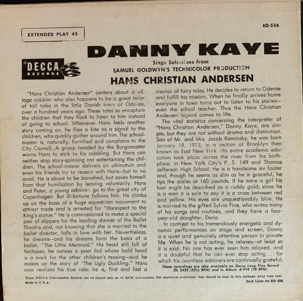 Danny Kaye (2) And Gordon Jenkins and his Orchestra and Chorus ,And Jane Wyman : Danny Kaye Sings Selections From The Samuel Goldwyn Technicolor Production Hans Christian Andersen (2x7", EP)